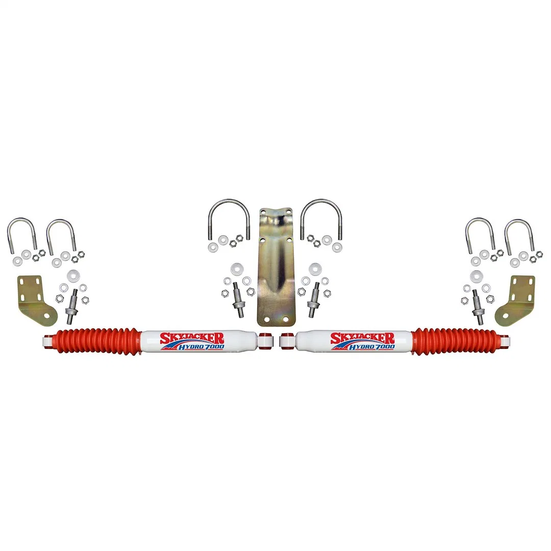 7253 – SKYJACKER Steering Stabilizer, Dual White With Red Shock Boots With Brackets Set Of 2